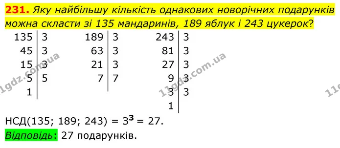 231. Яку найбільшу кількість однакових новорічних подарунків можна скласти зі 135 мандаринів, 189 яблук і 243 цукерок? — ГДЗ Математика 6 клас Тарасенкова 2023 1-2 ч.