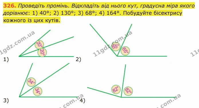 326. Проведіть промінь. Відкладіть від нього кут, градусна міра якого дорівнює: 1) 40°; 2) 130°; 3) 68°; 4) 164°. Побудуйте бісектрису — ГДЗ Математика 5 клас Мерзляк