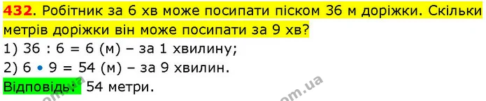 432. Робітник за 6 хв може посипати піском 36 м доріжки. Скільки метрів доріжки він може посипати за 9 хв? — ГДЗ Математика 3 клас Козак 1-2 ч.