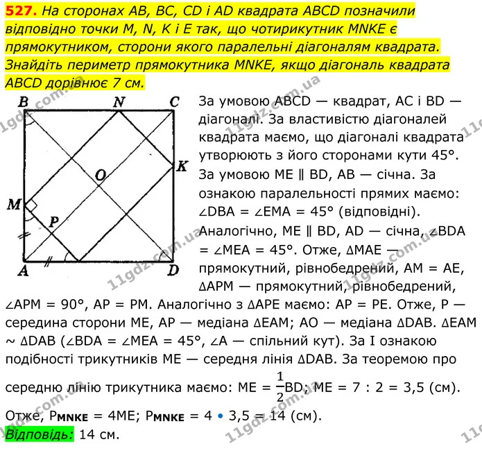 527. На сторонах AB, BC, CD і AD квадрата ABCD позначили відповідно точки М, N, K i E так, що чотирикутник MNKE є прямокутником — ГДЗ Геометрія 8 клас Мерзляк
