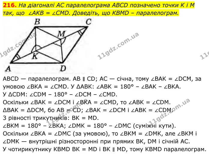 216. На діагоналі AC паралелограма ABCD позначено точки K і M так, що ∠AKB = ∠CMD. Доведіть, що KBMD – паралелограм. — ГДЗ Геометрія 8 клас Бурда