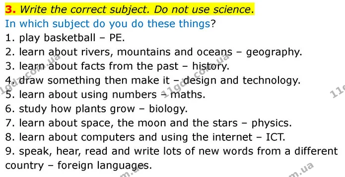 3. Write the correct subject. Do not use science. — ГДЗ робочий зошит Англійська мова 7 клас Prepare