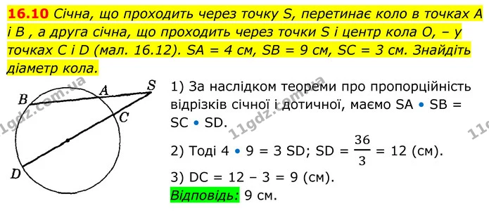 16.10 Січна, що проходить через точку S, перетинає коло в точках A і B , а друга січна, що проходить через точки S і центр кола O, – у — ГДЗ Геометрія 8 клас Істер