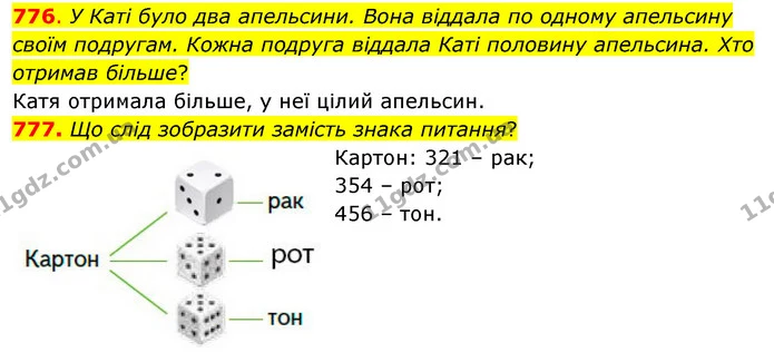 776. У Каті було два апельсини. Вона віддала по одному апельсину своїм подругам. Кожна подруга віддала Каті половину апельсина. Хто — ГДЗ Математика 3 клас Бевз 2 частина