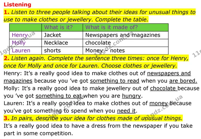 1. Listen to three people talking about their ideas for unusual things to use to make clothes or jewellery. Complete the table. — ГДЗ Англійська мова 6 клас Коста (Prepare 6)