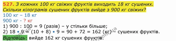 527. З кожних 100 кг свіжих фруктів виходить 18 кг сушених. Скільки кілограмів сушених фруктів вийде з 900 кг свіжих? — ГДЗ Математика 4 клас Лишенко 1-2 ч.