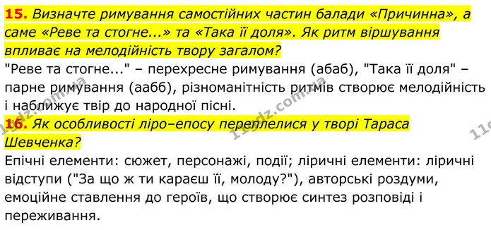 15. Визначте римування самостійних частин балади «Причинна», а саме «Реве та стогне...» та «Така її доля». Як ритм віршування впливає — ГДЗ Українська література 8 клас Калинич