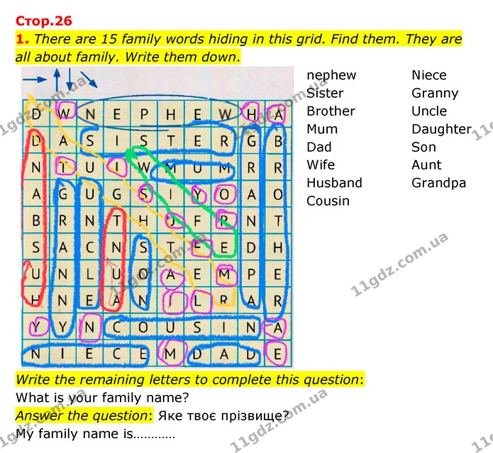 1. There are 15 family words hiding in this grid. Find them. They are all about family. Write them down. — ГДЗ Робочий зошит Англійська мова 5 клас Карпюк