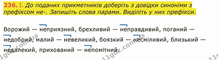 236. І. До поданих прикметників доберіть з довідки синоніми з префіксом не-. Запишіть слова парами. Виділіть у них префікси. — ГДЗ Українська мова 6 клас Заболотний 2019