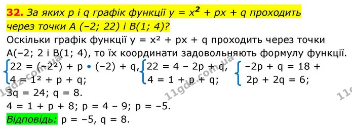 32. За яких p і q графік функції у = x2 + px + q проходить — ГДЗ Алгебра 9 клас Істер