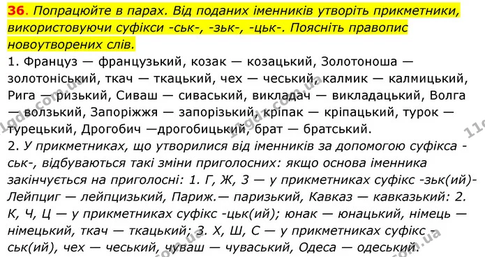 36. Попрацюйте в парах. Від поданих іменників утворіть прикметники, — ГДЗ Українська мова 6 клас Ворон, Солопенко