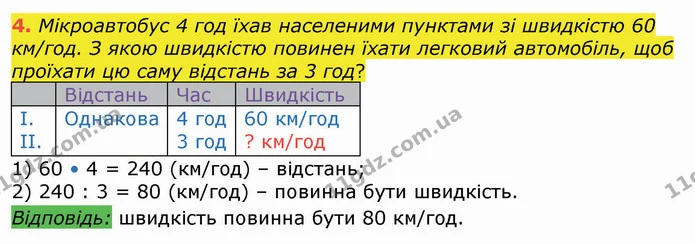 4. Мікроавтобус 4 год їхав населеними пунктами зі швидкістю 60 км/год. З якою швидкістю повинен їхати легковий автомобіль, щоб проїхати — ГДЗ Математика 4 клас Лишенко 1-2 ч.