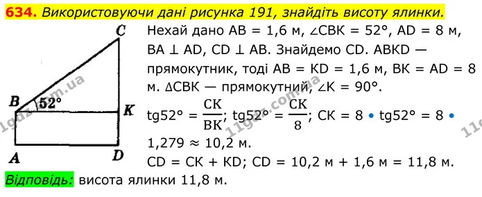 634. Використовуючи дані рисунка 191, знайдіть висоту ялинки. — ГДЗ Геометрія 8 клас Мерзляк
