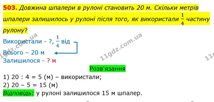 503. Довжина шпалери в рулоні становить 20 м. Скільки метрів шпалери залишилось у рулоні після того, як використали 14 частину рулону? — ГДЗ Математика 3 клас Оляницька 1 та 2 частини