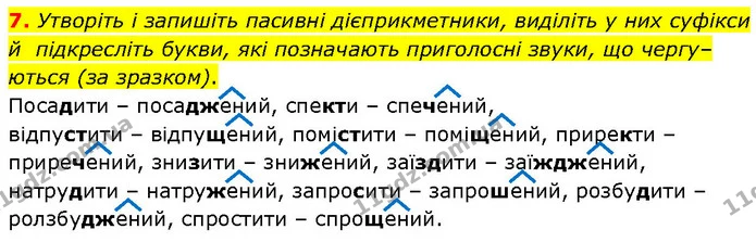 7. Утворіть і запишіть пасивні дієприкметники, виділіть у них суфікси й підкресліть букви, які позначають приголосні звуки, що — ГДЗ Українська мова 7 клас Авраменко