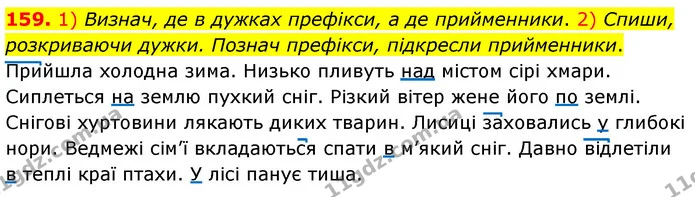 159. 1) Визнач, де в дужках префікси, а де прийменники. 2) Спиши, розкриваючи дужки. Познач префікси, підкресли прийменники. — ГДЗ Українська мова та читання 3 клас Коваленко (1 частина)