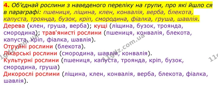 4. Об’єднай рослини з наведеного переліку на групи, про які йшло ся в параграфі: пшениця, ліщина, клен, конвалія, верба, блекота — ГДЗ Природознавство 5 клас Коршевнюк