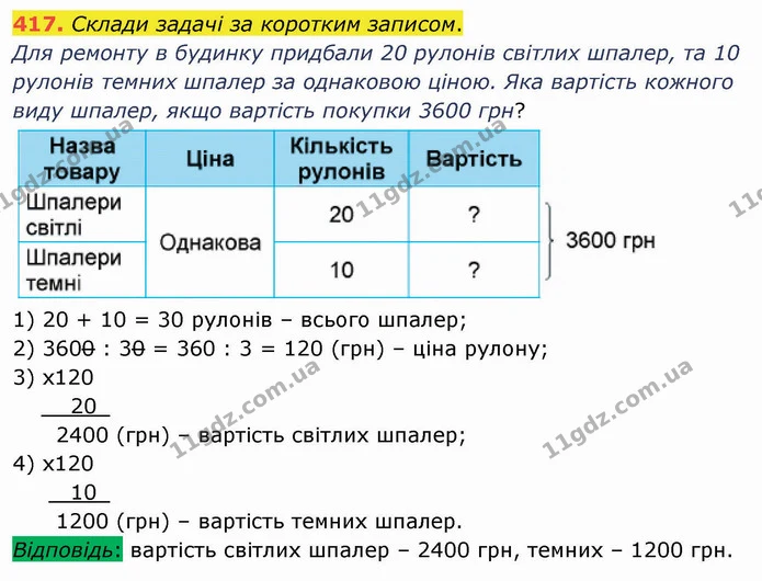 417. Склади задачі за коротким записом. — ГДЗ Математика 4 клас Лишенко 1-2 ч.