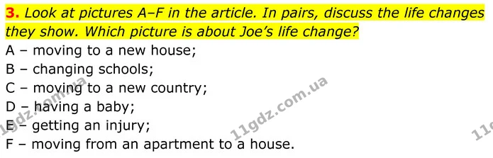 3. Look at pictures A–F in the article. In pairs, discuss the life changes — ГДЗ Англійська мова 7 клас Коста