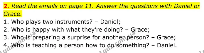 2. Read the emails on page 11. Answer the questions with Daniel or Grace. — ГДЗ Англійська мова 7 клас Коста