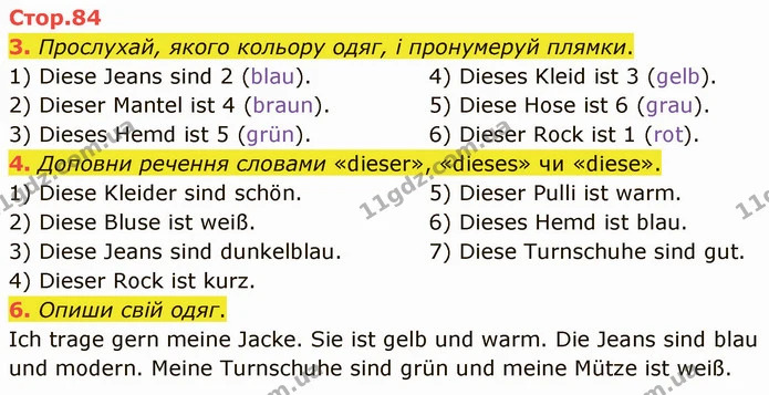 3. Прослухай, якого кольору одяг, і пронумеруй плямки. — ГДЗ Німецька мова 3 клас Сотникова