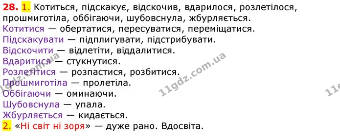 28. 1. Котиться, підскакує, відскочив, вдарилося, розлетілося, прошмиготіла, оббігаючи, шубовснула, жбурляється. — ГДЗ Українська мова 5 клас Єрмоленко 2018