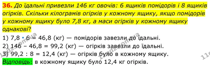 36. До їдальні привезли 146 кг овочів: 6 ящиків помідорів і 8 ящиків огірків. Скільки кілограмів огірків у кожному ящику, якщо — ГДЗ Математика 6 клас Мерзляк 2023 1-2 ч.