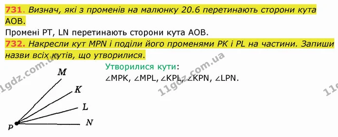 731. Визнач, які з променів на малюнку 20.6 перетинають сторони кута АОВ. — ГДЗ Математика 5 клас Істер 2022