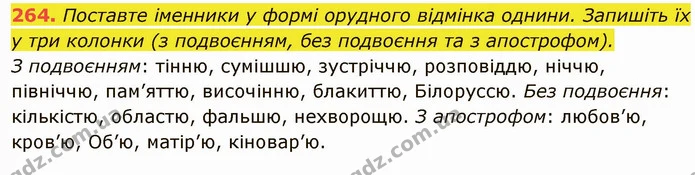 264. Поставте іменники у формі орудного відмінка однини. Запишіть їх у три колонки (з подвоєнням, без подвоєння та з апострофом). — ГДЗ Українська мова 6 клас Глазова