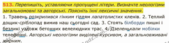 513. Перепишіть, уставляючи пропущені літери. Визначте неологізми загальномовні та авторські. Поясніть їхні лексичні значення. — ГДЗ Українська мова 6 клас Глазова