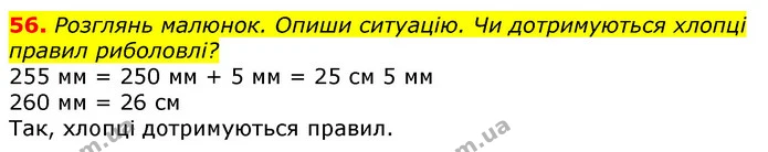 56. Розглянь малюнок. Опиши ситуацію. Чи дотримуються хлопці правил риболовлі? — ГДЗ Математика 3 клас Листопад 1-2 ч.