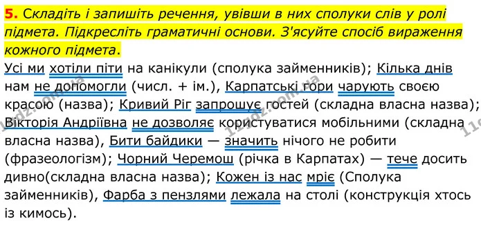 5. Складіть і запишіть речення, увівши в них сполуки слів у ролі підмета. Підкресліть граматичні основи. З'ясуйте спосіб вираження — ГДЗ Українська мова 8 клас Авраменко