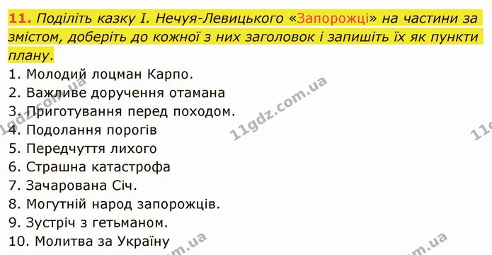 11. Поділіть казку І. Нечуя­Левицького «Запорожці» на частини за змістом, доберіть до кожної з них заголовок і запишіть їх як пункти — ГДЗ Українська література 5 клас Авраменко 2022