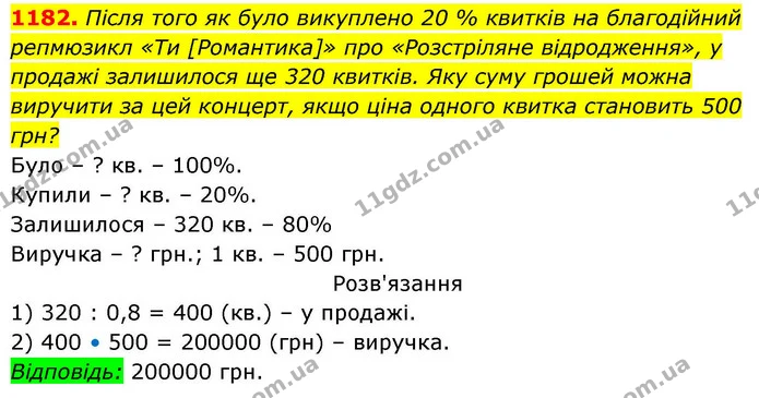 1182. Після того як було викуплено 20 % квитків на благодійний репмюзикл «Ти [Романтика]» про «Розстріляне відродження», у продажі — ГДЗ Алгебра 8 клас Бевз