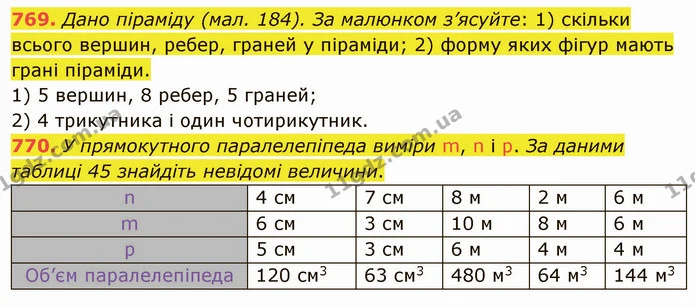 769. Дано піраміду (мал. 184). За малюнком з’ясуйте: 1) скільки всього вершин, ребер, граней у піраміди; 2) форму яких фігур мають — ГДЗ Математика 5 клас Тарасенкова 2022