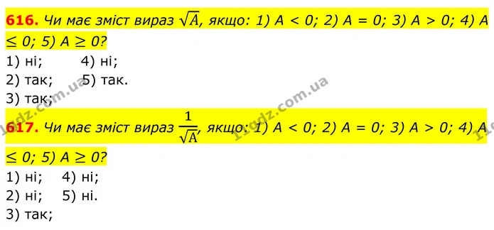 616. Чи має зміст вираз A, якщо: 1) А < 0; 2) А = 0; 3) А > 0; 4) А ≤ 0; 5) А ≥ 0? — ГДЗ Алгебра 8 клас Тарасенкова