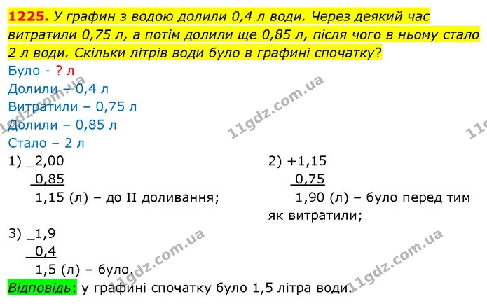 1225. У графин з водою долили 0,4 л води. Через деякий час витратили 0,75 л, а потім долили ще 0,85 л, після чого в ньому стало 2 л — ГДЗ Математика 5 клас Кравчук
