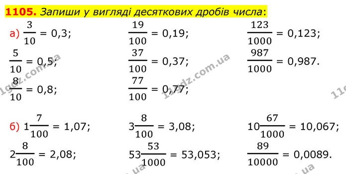 1105. Запиши у вигляді десяткових дробів числа: — ГДЗ Математика 5 клас Бевз