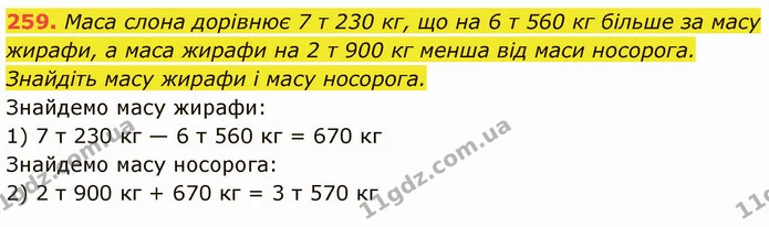 259. Маса слона дорівнює 7 т 230 кг, що на 6 т 560 кг більше за масу жирафи, а маса жирафи на 2 т 900 кг менша від маси носорога — ГДЗ Математика 5 клас Кравчук