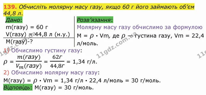 139. Обчисліть молярну масу газу, якщо 60 г його займають об’єм 44,8 л. — ГДЗ Хімія 8 клас Попель