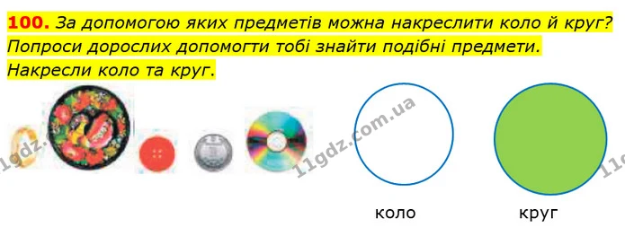 100. За допомогою яких предметів можна накреслити коло й круг? Попроси дорослих допомогти тобі знайти подібні предмети. Накресли коло — ГДЗ Математика 3 клас Оляницька 1 та 2 частини