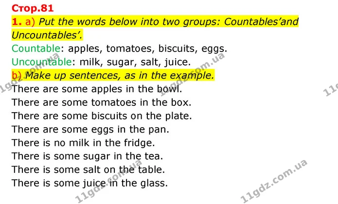 1. a) Put the words below into two groups: Countables’and Uncountables’. — ГДЗ Англійська мова 6 клас Карпюк 2023