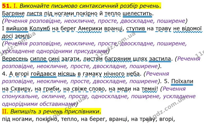 51. I. Виконайте письмово синтаксичний розбір речень. — ГДЗ Українська мова 8 клас Заболотний 2021