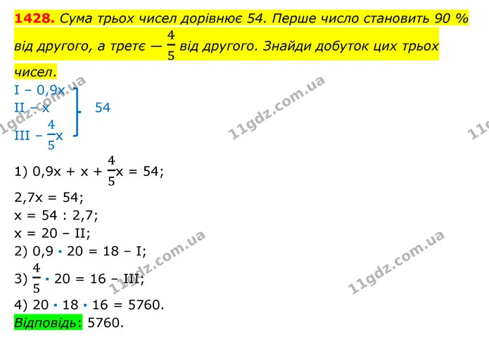 1428. Сума трьох чисел дорівнює 54. Перше число становить 90 % від другого, а третє — 45 від другого. Знайди добуток цих трьох чисел. — ГДЗ Математика 6 клас Істер 2023 1-2 ч.