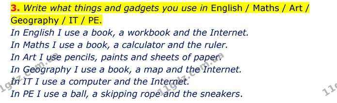 3. Write what things and gadgets you use in English / Maths / Art / Geography / IT / PE. — ГДЗ Робочий зошит Англійська мова 5 клас Карпюк