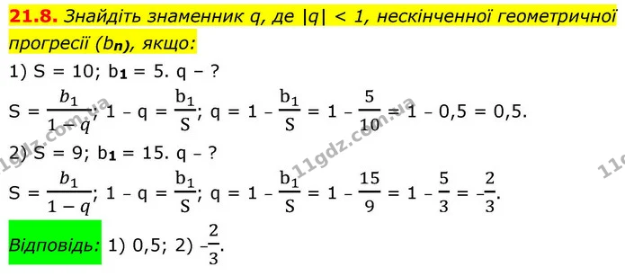 21.8. Знайдіть знаменник q, де |q| < 1, нескінченної геометричної — ГДЗ Алгебра 9 клас Істер