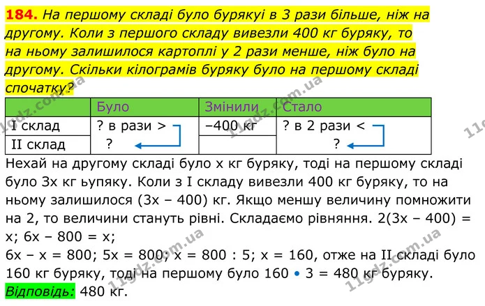184. На першому складі було бурякуі в 3 рази більше, ніж на — ГДЗ Алгебра 8 клас Мерзляк