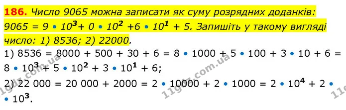 186. Число 9065 можна записати як суму розрядних доданків: — ГДЗ Алгебра 7 клас Тарасенкова 2024