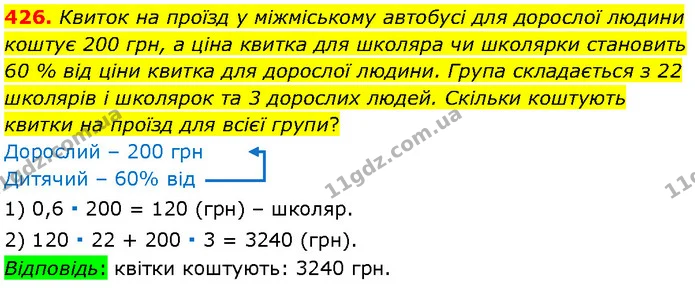 426. Квиток на проїзд у міжміському автобусі для дорослої людини коштує 200 грн, а ціна квитка для школяра чи школярки становить 60 % — Алгебра 7 клас Мерзляк 2024