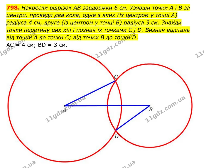 798. Накресли відрізок AB завдовжки 6 см. Узявши точки А і В за центри, проведи два кола, одне з яких (із центром у точці А) радіуса 4 — ГДЗ Математика 6 клас Істер 2023 1-2 ч.